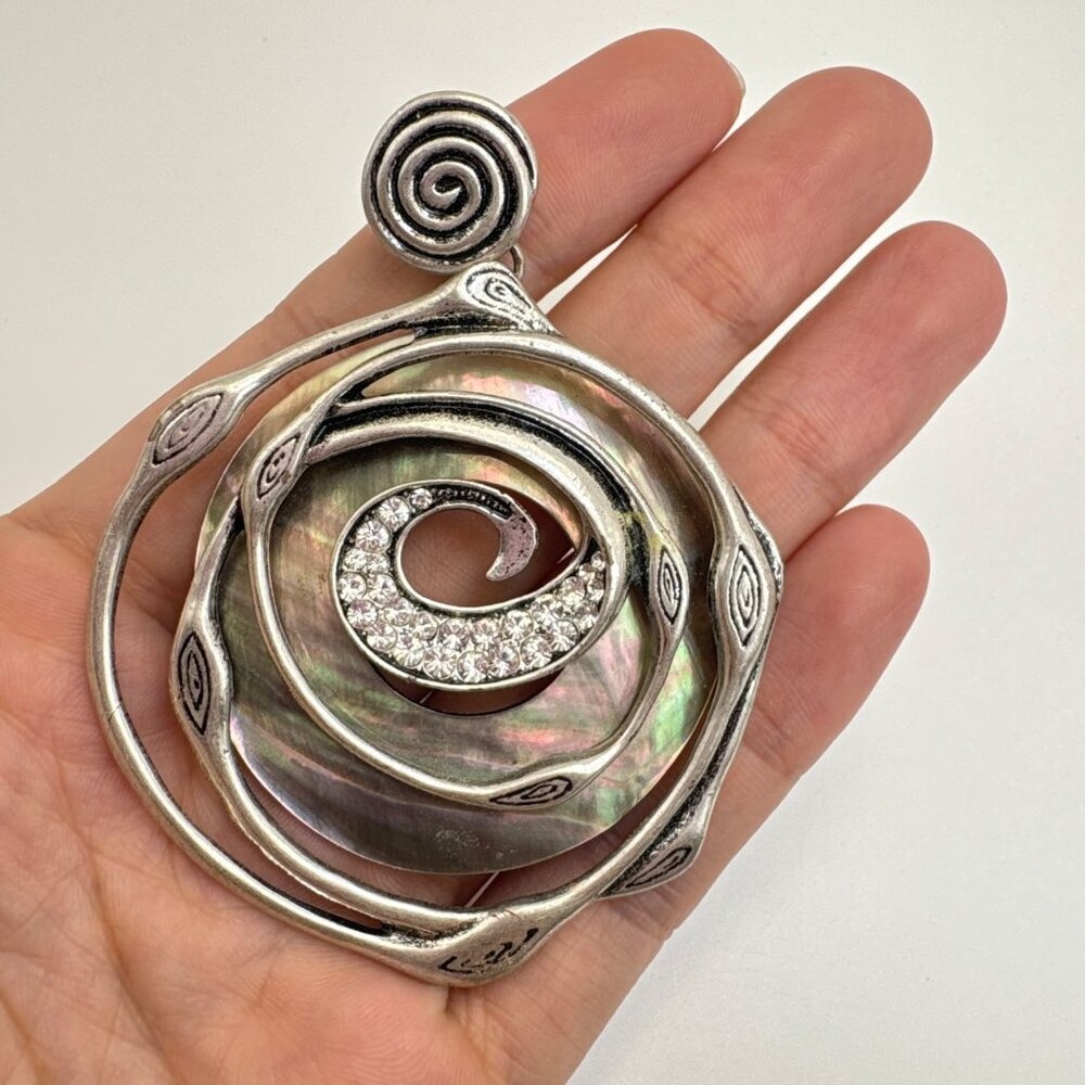 VTG Large Silver Plated Abalone Circle & CZ Swirl Design Statement Pendant 3" L